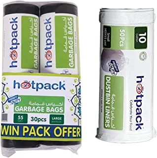 Hotpack Garbage Roll and Bin Liners Bundle (Hotpack Hd Garbage Bag Roll, 30 Bags, 55 Gallon + Hotpack Dustbin Liners White Roll 50 Pieces,-10 Gallon)