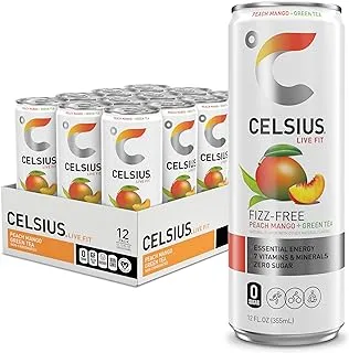 Celsius Fitness Drink, Non-Carbonated Peach Mango Green Tea, 200mg Caffeine, Zero Sugar, Slim Can, 355ml (Pack Of 12)