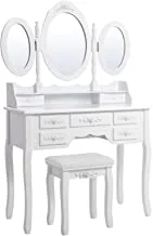 Songmics Wall-Fixed Luxurious 3 Mirrors Dressing Table Set with Stool, 7 Drawers with 2 Dividers Make-up Dresser URDT91W