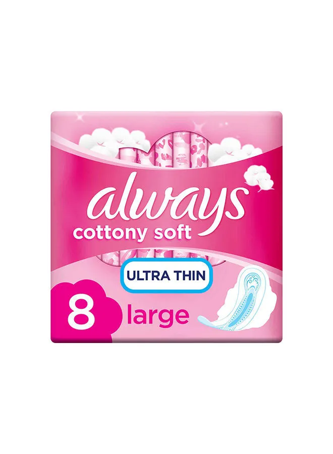 Always Cotton Soft Ultra Thin, Large Sanitary Pads With Wings, 8 Count Long