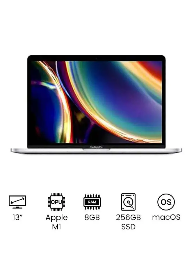 شاشة Apple Macbook Pro مقاس 13 بوصة وشريحة Apple M1 مع معالج ثماني النواة ورسومات ثماني النواة / وذاكرة وصول عشوائي سعة 8 جيجابايت / وذاكرة وصول عشوائي (SSD) سعة 256 جيجابايت - جديد 2020 فضي إنجليزي / عربي فضي