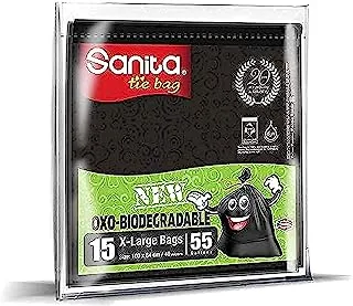 Sanita Tie Bags, 55 Gallons, 15 Bags, Oxo-Biodegradable, Black