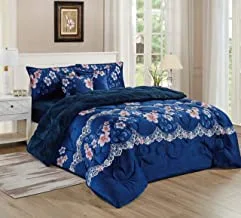 Warm And Fluffy Winter Velvet Fur Reversible Comforter Set, Single Size (160 X 210 Cm) 4 Pcs Soft Bedding Set, Heavy Floral Print Pattern, Fcs, Turquoise