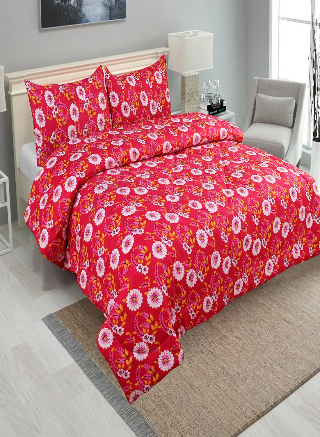 Hometown 3-Piece Floral Comforter Set 420 GSM 130x210 : 1xPillow Cases 50x70cm Polyester Warm Red Single