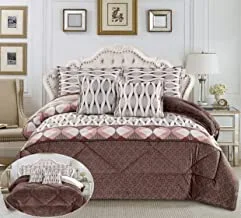 Moon warm and fluffy winter velvet fur reversible comforter set, 6 pcs soft bedding set, modern stitched embossed floral design, king size 220 x 240 cm, white
