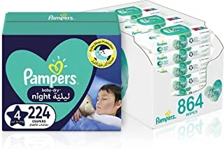 Pampers Baby-Dry Night, Size 4, 224 Diapers + 864 Aqua Pure Wet Wipes