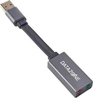 بطاقة صوت Datazone USB ، محول صوت USB خارجي مع منفذي AUX مقاس 3.5 مم لسماعات الرأس والميكروفون والكمبيوتر الشخصي و Windows و Android (أسود) DZ-U200