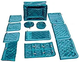 Kuber Industries Jewellery Kit , Make Up Kit , Box With 12 Pouches In Heavy Quilted Satin , Blue