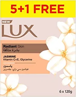 LUX Bar Soap for radiant skin, Jasmine, with Vitamin C, E, and Glycerine, 120g (Pack of 6)