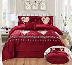 Moon Warm And Fluffy Winter Velvet Fur Reversible Comforter Set, Single Size (210 X 160 Cm) 4 Pcs Soft Bedding Set, Horizontal Wave Stitched With Floral Design Printed Pattern, Red