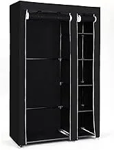 SONGMICS Double Canvas Wardrobe Cupboard Clothes Hanging Rail Storage Shelves Black 175 x 110 x 45 cm LSF007