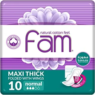 Fam Natural Cotton Feel, Maxi Thick,Folded With Wings, Normal Sanitary Pads,10 Pads, One Size