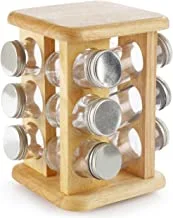 Billi GW-008/12AL 12 Pieces Spice Bottle with Aluminium Lid and Rotating Wooden Stand, Multi-Colour, W 15.0 x H 22.5 x D 15.0 cm, Wooden/Glass