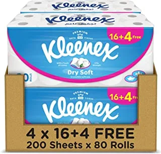Kleenex Dry Soft Toilet Tissue Paper, 2 PLY, 80 Rolls x 200 Sheets, Embossed Bathroom Tissue with a Touch Of Cotton