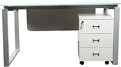 Mahmayi Glass 4114 Modern Workstation Desk - Sleek and Stylish Office Desk Organiser With Square Metal Legs and Mobile Storage Unit - 75Cm X 140Cm X 75 Cm (White) ME4114WH