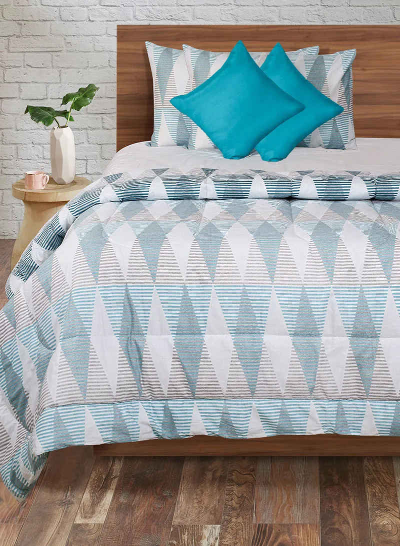 Amal Comforter Set King Size All Season Everyday Use Bedding Set 100% Cotton 5 Pieces 1 Comforter 2 Pillow Covers 2 Cushion Covers Teal/White/Brown