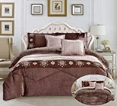 Warm And Fluffy Winter Velvet Fur Reversible Comforter Set, King Size (220 X 240 Cm) 6 Pcs Soft Bedding Set, Modern Floral And Vertical Striped Pattern, Hxyr, Offwhite