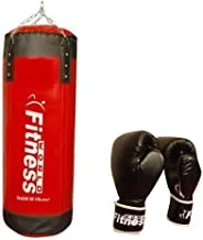 Fitness World Boxing Training Bag Size 100 Cm-Fw026- Red With Fitness World Boxing Full Finger Gloves - Free Size, Black