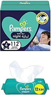 بامبرز Baby-Dry Night ، مقاس 4 ، 224 حفاظة + 768 مناديل مبللة نظيفة بالكامل
