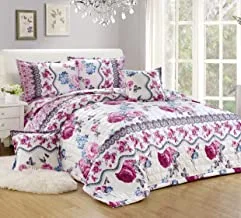 Double Sided Velvet Comforter set For All Season, 6 Pcs Soft Bedding Set, King Size (220 X 240 Cm), Classic Double Side Square Stitched Floral Pattern, SJYH, Multi color -15
