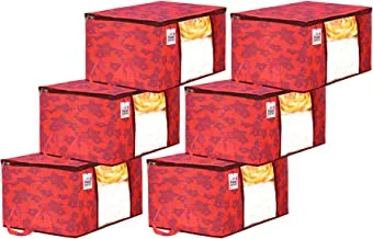 Fun Homes Metallic Printed 6 Pieces Non Woven Fabric Under bed Storage Bag, Cloth Organiser, Blanket Cover with Transparent Window (Red)