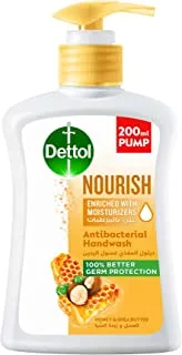 Dettol Handwash Liquid Soap Nourish Pump for Effective Germ Protection & Personal Hygiene, Protects Against 100 Illness Causing Germs, Honey & Shea Butter, 200ml