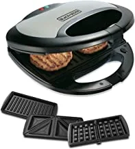 BLACK+DECKER 750W Sandwich Maker 2 Slot Non-Stick 3in1 Interchangable Sandwich Grill And Waffle Maker, With Indicator And Ready to Cook Lights For Quick and Easy Dishes TS2090-B5