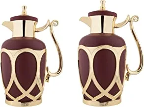 Al Saif Metal 2 Pieces Coffee And Tea Vacuum Flask Set Size: 0.7/1.0 Liter, Color: Matt Dark Red/Gold
