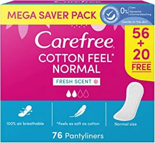 CAREFREE Panty Liners, Cotton, Fresh Scent, Pack of 76