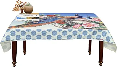 غطاء طاولة من الجوت بطبعة طاووس من Fun Homes لطاولة طعام وطاولة طعام بأربعة مقاعد ، Blue-FUNNHOM11616