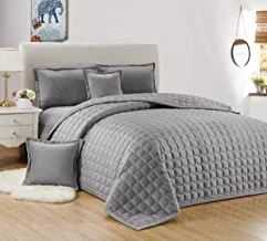 Double Sided Velvet Comforter Set For All Season, Single Size (160 X 210 Cm) 4 Pcs Soft Bedding Set, Classic Double Side Square Stitched Design, Sc, Silver2