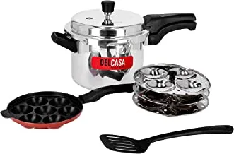 4-In-1 Delight Combo Pack, 5L Pressure Cooker Set Dc1941 - Combo Pack With 7 Pits Non-Stick Paniyaram/Appam Pan, 3 Trays Idly Stand & Nylon Slotted Turner, Uniform Heating, Time And Energy Saving