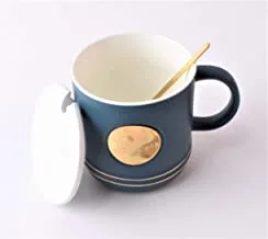 Home Concept Tea Cup And Lid With Gold Spoon -400ml, Blue/White/Gold
