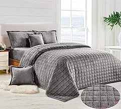 Soft Cozy Velvet Sherpa Fleece Reversible Winter Comforter Set, Single Size (160 X 210 Cm) 4 Pcs Warm Bedding Set, Square Stitched Pattern, Srx, Grey