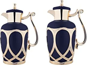 Al Saif Metal 2 Pieces Coffee And Tea Vacuum Flask Set Size: 0.7/1.0 Liter, Color: Matt Dark Blue/Gold