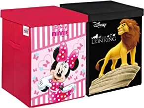 Fun Homes Disney Lion King & Minnie Print Non Woven Fabric Foldable Laundry Basket, Toy Storage Basket, Cloth Storage Basket With Lid & Handles (Set Of 2, Black & Pink)