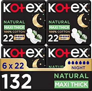 Kotex Natural Maxi Protect Thick Pads, 100% Cotton Pad, Overnight Protection Sanitary Pads with Wings, 132 Sanitary Pads