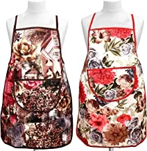 Heart Home Flower Design Jute 2 Pieces Waterproof Kitchen Apron with Front Pocket (Maroon & Brown) - CTHH7224