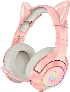 Onikuma Pink Gaming Headset With Removable Cat Ears, For Ps5, Ps4, Xbox One, Pc, With Surround Sound, Rgb Led Light & Noise Canceling Retractable Microphone, Wired