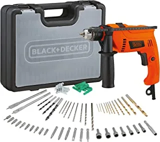 Black & Decker 650W 13mm Corded Electric Hammer PercUSsion Drill With 50 Pieces Accessories Bit Set In Kitbox For Metal, Concrete & Wood Drilling, Orange/Black - Hd650Kit-B5