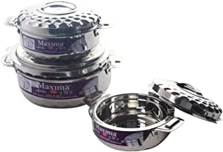 Maxima 3Pcs Stainless-Steel Hotpot With Two Handles | Insulated Bowl Great Bowl For Holiday & Dinner | Keeps Food Hot & Fresh For Long Hours, Silver