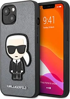 جراب Karl Lagerfeld PU Saffiano مع رقعة Ikonik وشعار معدني لهاتف iPhone 13 (6.1 بوصة) - فضي