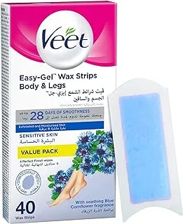 Veet Hair Removal Easy-Gel Wax Strips for Sensitive Skin, Soothing Blue Cornflower Fragrance – Pack Of 30 + Pack Of 10 Free