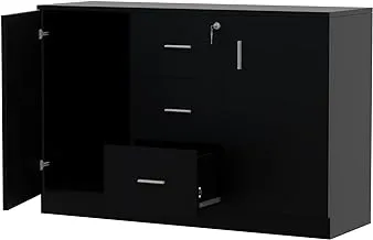 Mahmayi Melamine On Mdf Glass 1147 Credenza Contemporary & Tough Wooden Storage Cabinet With Three Drawer Storage -W120Cms X D40Cms X H80Cms (Black) Me1147Bl