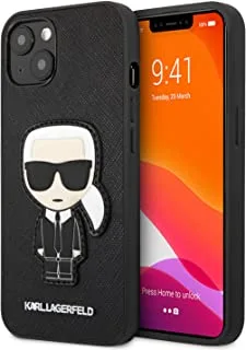 جراب Karl Lagerfeld PU Saffiano مع رقعة Ikonik وشعار معدني لهاتف iPhone 13 (6.1 بوصة) - أسود