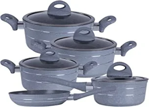 Royalford RF9555 9Pcs Smart Aluminium Cookware Set - Durable Marble Coating, High-Quality Forged Aluminium Construction, Non-Stick Dish for Gas, Induction & Ceramic Hobs - 3.8MM Induction Bottom