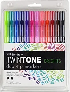 Tombow 61500 Twintone Marker Set, Bright, 12-Pack. Double-Sided Markers for Bold and Precise Writing