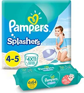 Pampers Splashers, Size 4-5, 44 Diapers Pants + 256 Complete Clean Baby Wet Wipes