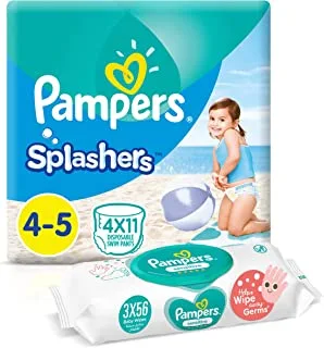 Pampers Splashers, Size 4-5, 44 Diapers Pants + 168 Sensitive Protect Baby Wet Wipes