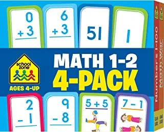 School Zone - Math 1-2 Flash Card 4-Pack - الأعمار 4+ ، الجمع ، الطرح ، الأرقام 0-100 ، لعبة حرب الرياضيات ، والمزيد (بطاقة فلاش 4-pk)